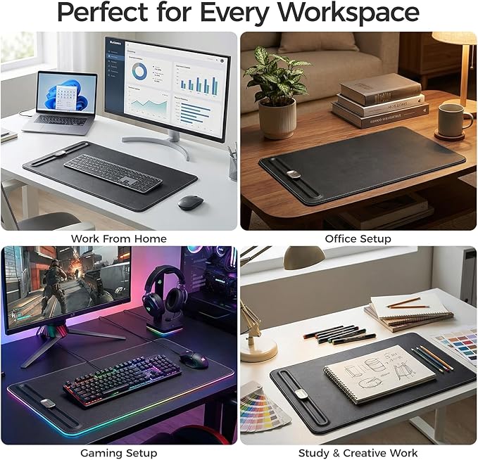 Premium Double-Sided Faux Leather Desk Pad – Non-Slip, Waterproof, with Magnetic Cable Organizer & File Storage – Designed for Offices & Creative Spaces – Durable & Easy to Clean（Black）