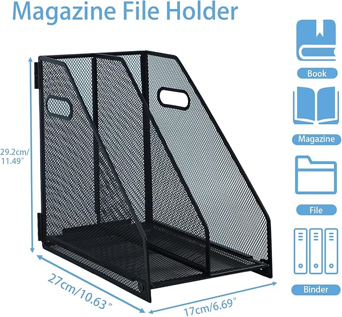 Desk Organizers Metal Magazine File Holder Racks Desktop Folder Storage Binder Organiser Document Organization for Home Office & Classroom,2 Vertical Compartments