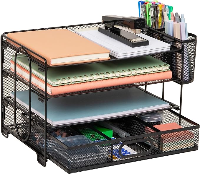Mind Reader Mesh Desk Organizer, 3 Trays, 1 Drawer, 2 Pen Holders, Office Desktop Organizer, Metal Mesh, Black