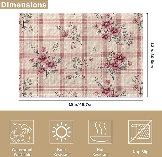 Placemats Set of 6, Cute Flowers Pink Linen Placemats 12x18 Inch, Heat Resistant Table Mats, Washable Non Slip Place Mats for Dining Table Kitchen Home
