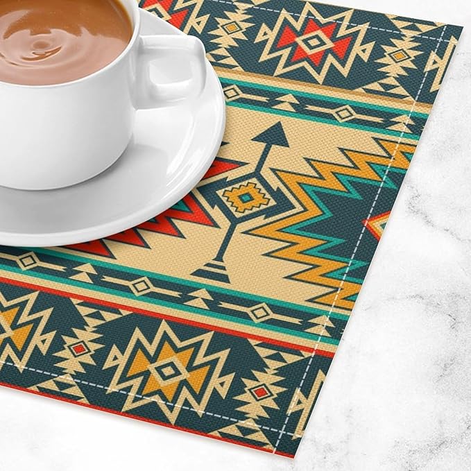 Vintage Aztec Southwest Placemats Ethnic Style Design Boho Geometric Pattern Linen Washable Table Mats Stain Heat-Resistant Desktop Decor Place Mats for Home Kitchen Dining Party 12x18 in 6 Pcs