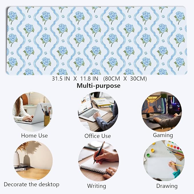 Light Blue Hydrangea Floral Large Mouse Pad,Summer Preppy Cottagecore Desk Mat,Aesthetic Blue and White Flower Botanical Mousepad,for Home Office Dorm Desktop Decor,31.5x11.8 Inch