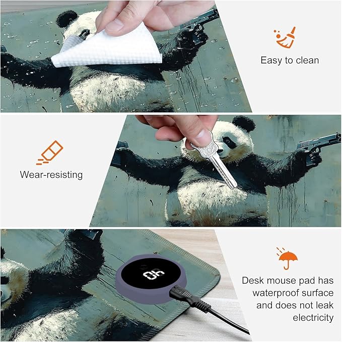 Heated Mouse Pad,Warm Desk Pad with 3 Levels Heating & 3 Hours Auto Shut-Off, PU Leather Heated Desk Pad Warmer Pad for Home Office - 31.5 x 13 inch,Panda