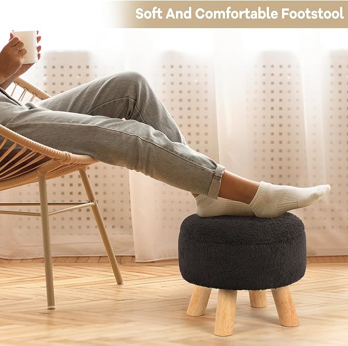 OGEMXU Ottoman Foot Rest, Small Round Ottoman with Storage, Boucle Teddy Velvet Footstool with Wood Legs, Soft Sponge Storage Ottoman for Living Room, Bedroom, Couch, Enterway (Black)