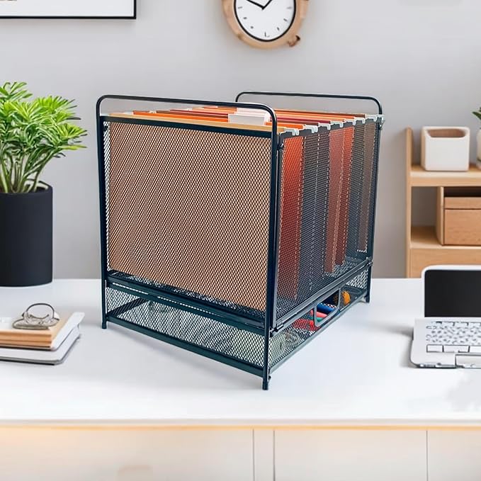 Mesh Desktop Hanging File Organizer with Drawer,Office Supplies and Home Filing Organizer,Letter Size,Black