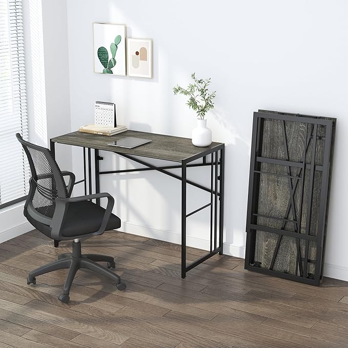 Lutown-Teen 40 inch Folding Desk, Writing Gaming Computer Camping Desk, No Assembly Required Home Office Table, Black Oak