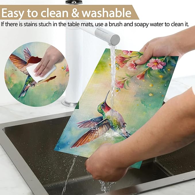Watercolor Hummingbird Flowers Placemats Set of 6 Linen Table Mats, 12x18 Inch Washable Placemats for Dining Table, Non Slip Heat Resistant Mats for Kitchen Home Decor