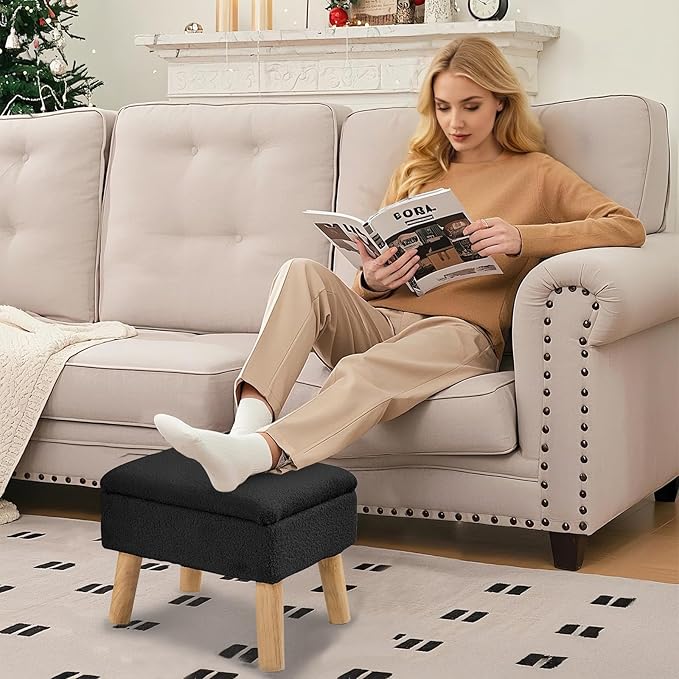 Storage Ottoman, Small Foot Stool Ottoman with Storage, Teddy Velvet Foot Rest with Wood Legs, Footstool for Living Room, Bedroom, Entryway, Black