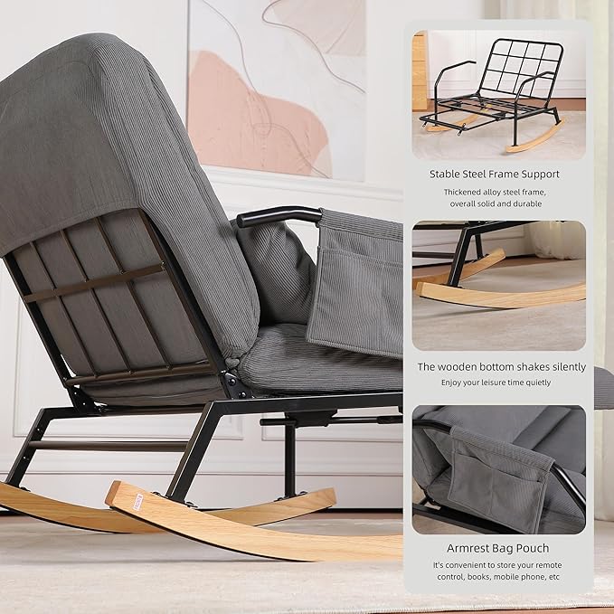 Oversized Reclining Rocking Chair with Foot Rest, 110°–160° Adjustable Backrest, Upholstered Armchair with Side Pocket for Nursery and Living Room, Grey