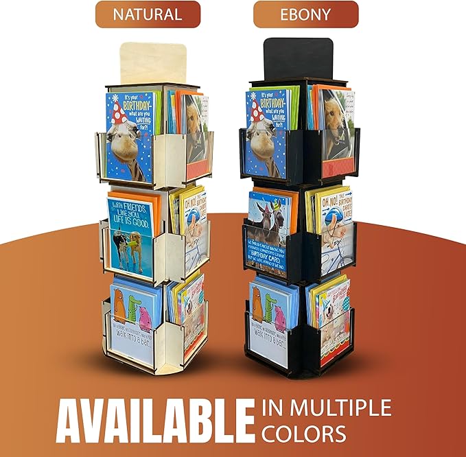 Rotating Greeting Card Display Stand, 3 Tier Wooden Organizer, 4-Sided Display Rack Spinning Multi-Pocket Display for Coasters, Stickers, Retail, Tradeshow - A4, A6, A7, 5"x7", 4 bar (Natural)