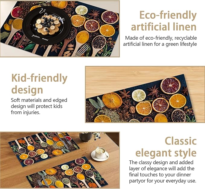 Colorful Spices Linen Placemats Set of 6, Decorative Table Mats 12x18 Inch, Washable Heat Resistant Placemats for Dining Table Kitchen Home Decor