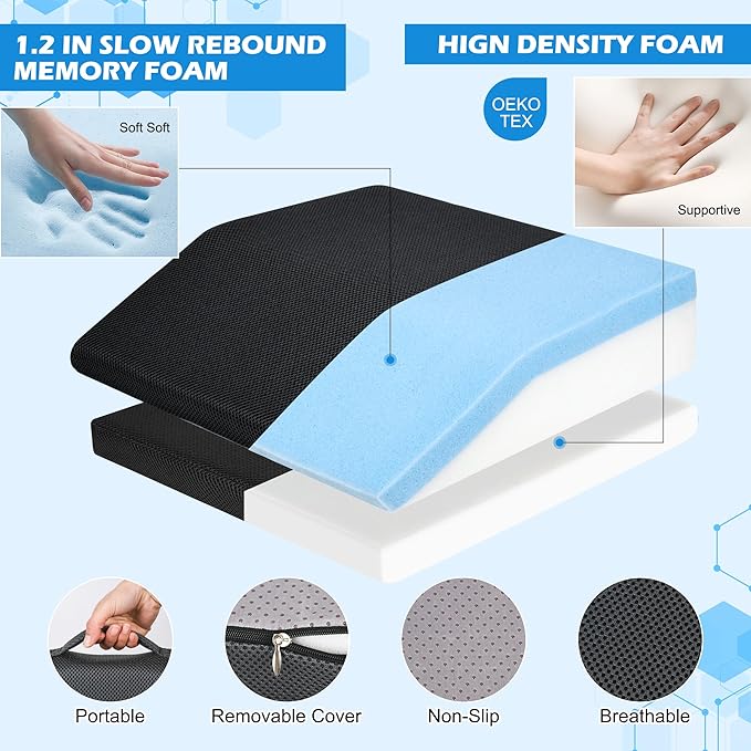 Memory Foam Hip Replacement Recovery Aids Seat Cushion, Adjustable Height Hip Replacement Must Haves Chair Cushion with Non Slip Backing, Extra Thick (Dark Grey, 2 Layer (16.5 x16 x 6 in))