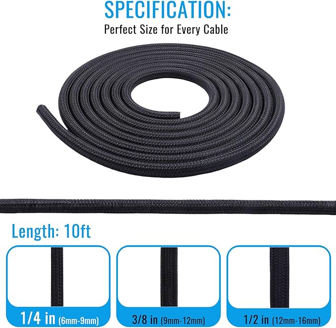 1/4" Braided Cable Sleeve - 10Ft Cat Cord Protector Split Wire Loom Tubing Flexible Self Wrapping for USB, Audio, Automotive Cord, Dog Chew Proof Cable Protector - Black