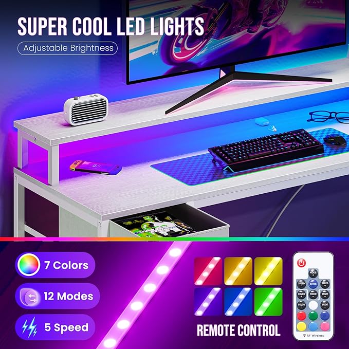 DUMOS 47” Gaming Desk with USB Charging Ports & LED Lights for Home Office Small Space, Reversible L Shaped Desks Computer Corner Gamer Table with Power Outlets Monitor Stand Storage Shelves, White