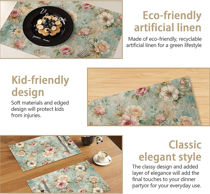 Linen Placemats Set of 6, Pink Flowers Leaves Washable Table Mats 12x18 Inch, Heat Resistant Non Slip Placemats for Dining Table Kitchen Everyday Use