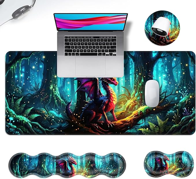 Ergonomic Mouse Pad Set with Wrist Support for Keyboard and Wrist Rest for Mouse, Memory Foam Comfort, Non-Slip Large Desk Mat for Home Office Pain Relief,Forest Dragon