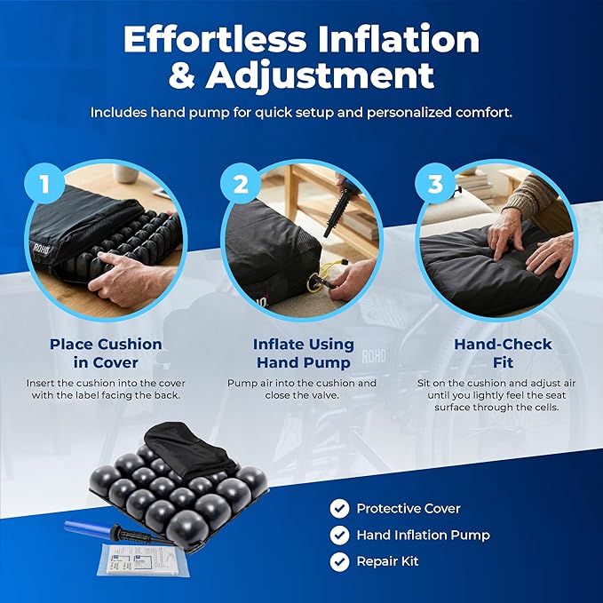 Roho Mosaic Seat Cushion 16” x 18” Inflatable Air Cell Design, Adjustable Firmness, Non-Skid Cover, Lightweight Portable Cushion for Wheelchair, Office Chair, Car & Home