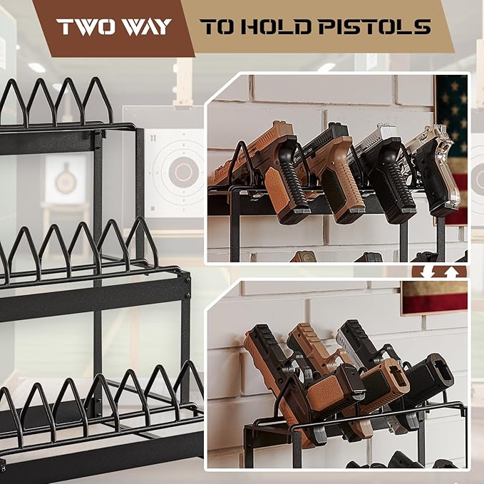 Poyilooo Pistol Rack, 2Tier Portable Pistol Rack for Gun, Hold Up 12 Handguns Pistol Stand for Gun Storage, Pistol Holder for Gun Heavy Duty Steel Gun Rack for Shot Exhibitior Retail Shop Home Office
