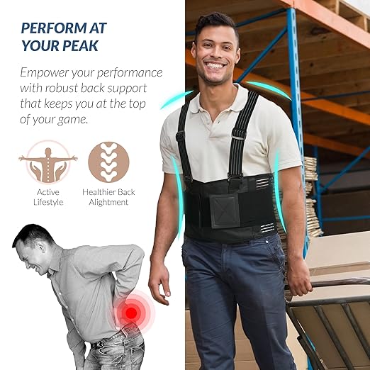 NeoTech Care Back Brace with Suspenders for Work - Industrial Lifting Safety, Elastic Compression, Hook & Loop Closure (Charcoal, Size XXL)