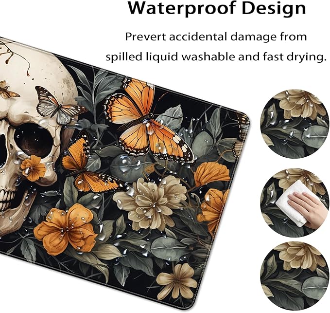 35.4 x 15.7 in, XXL Large Mouse Pad for Desk, Extended Keyboard Mouse Mat for Computer Office, Big Mouse pad with Stitched Edges, Gaming Pc-Skull Butterfly Flowers