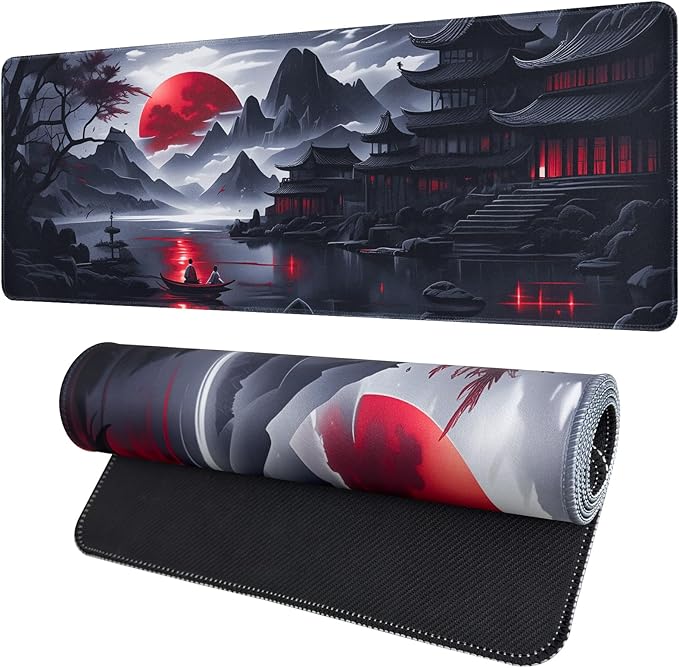 FreeNook Large Gaming Mouse Pad, Anime Black Mousepad with Stitched Edges, Expanded Cool Desk Mat, Japanese Red Moon XL Keyboard Mat Suitable for Home Office,31.5 X 15.7 Inch