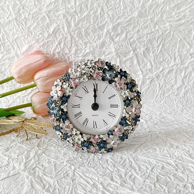 Silent Mini Vintage Analog Table Clock with Hand-Painted Metal Body and Battery Operated Non-Ticking Core for Shelf, Bedroom, Bedside, Desk, Gift Clock