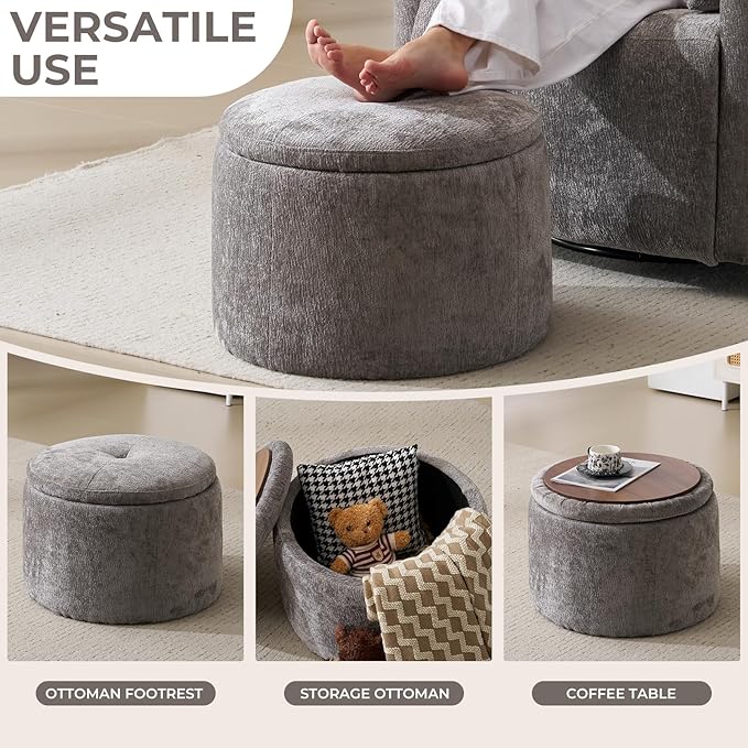 Modern Round Storage Ottoman, Chenille Ottoman Foot Stools, Ottoman Footstool with Removable Lid, Storage Ottoman for Living Room, Multi-Functional Footrest, Dark Grey