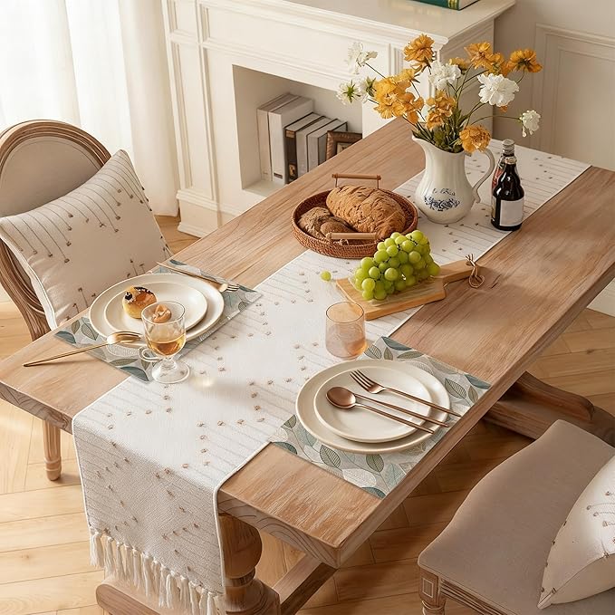 Linen Placemats Set of 6, Boho Green Leaves Washable Table Mats 12x18 Inch, Heat Resistant Non Slip Placemats for Dining Table Kitchen Everyday Use