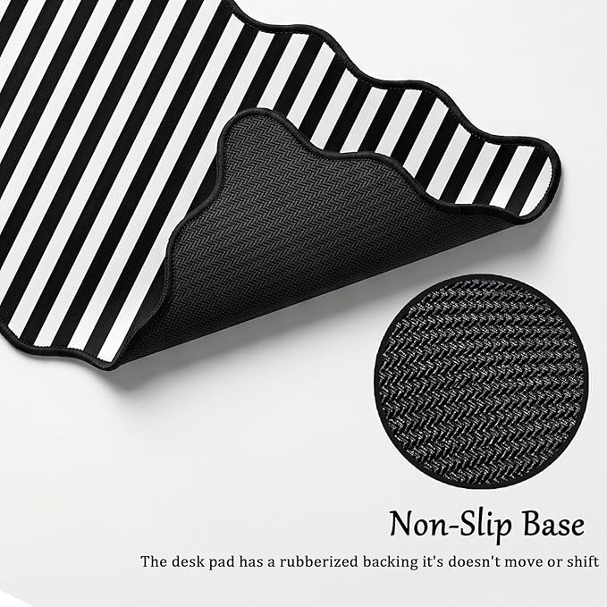 Scalloped Desk Mat Extended Large Cute Striped Mouse Pad Big Desk Pad XXL Aesthetic Stripe Mousepad Gaming Mouse Pad for Keyboard Computer Laptop Home Office Accessories 35.4X15.7Inches Black White