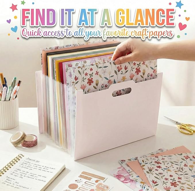 12x12 Scrapbook Paper Storage Organizer with 13 Expandable Pocket, Large Scrapbook Storage for Craft Room Organization, Sticker Storage, Desktop Paper Holder (Pink)