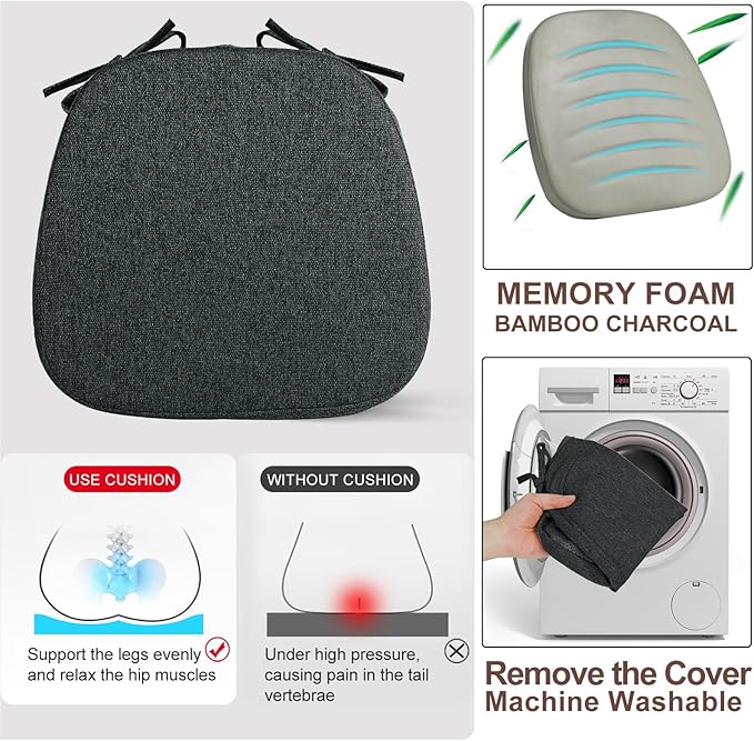 SINOSSO 6 Pack Memory Foam Chair Cushions for Dining Chairs, Friendly Woven Fabric 16" U-Shape Comfortable Kitchen Chair Pads, Removable Slip Resistant Seat Cushions (Set of 6, Black)