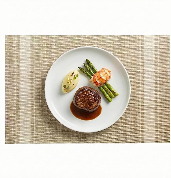 Restaurantware French Countryside 16 x 12 Inch Dining Table Placemats Set Of 6 Heat-Tolerant Kitchen Table Mats - Eggshell Stripe No Stain Khaki Vinyl Woven Rectangle Placemats Easy To Clean