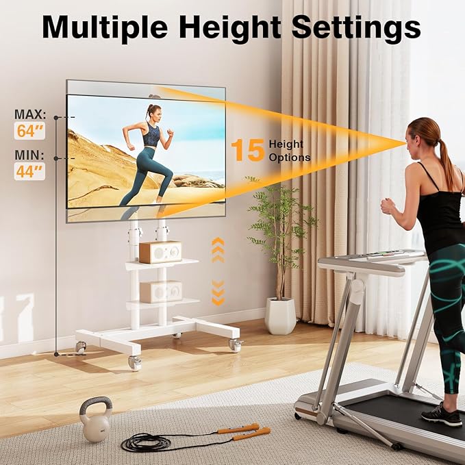 Mobile TV Stand Rolling TV Cart Floor Stand with Mount on Lockable Wheels Height Adjustable Shelf for 32-83 Inch TV Stand Flat Screen or Curved TVs Monitors Display Trolley Loading 110 lbs, White