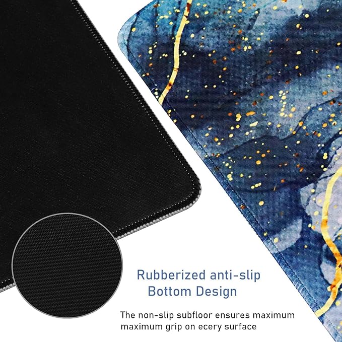 Large Mouse Pad with Stitched Edges, (35.4X15.7In) Durable Non-Slip Natural Rubber Base, Waterproof Computer Keyboard Pad Mat for Esports Pros/Gamer/Desktop/Office/Home, MarbleBlue