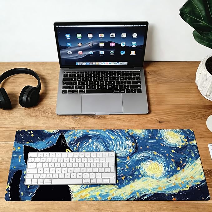 Blue Starry Night Black Cat Mouse Pad,35.4 x 15.7 Inch Large Mouse Mat Non-Slip Rubber Stitched Edges for Writing Desk,Office,Home,Laptop