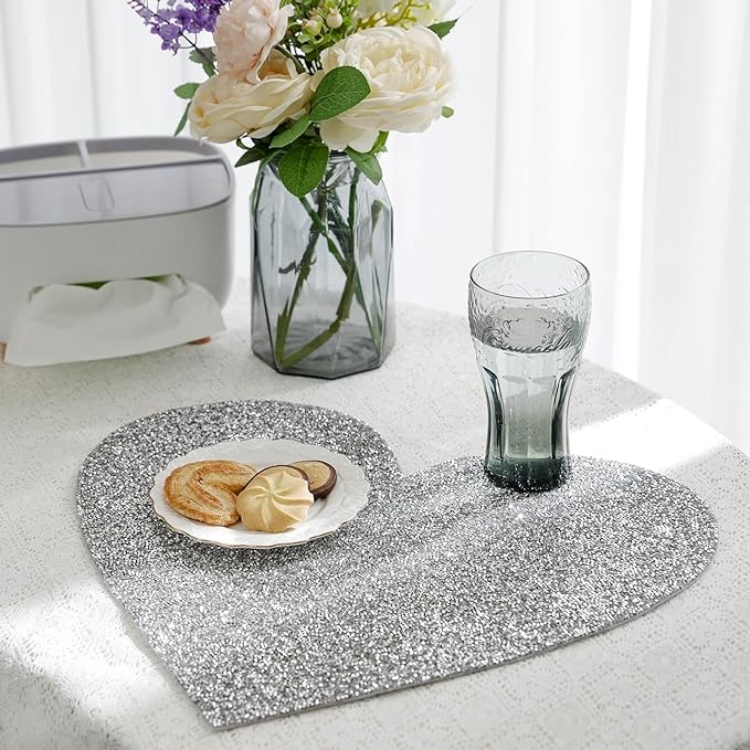 Glitter Heart Placemats Set of 4, Silver Heart Rhinestones 15 Inches Table Mat Decoration Placemat for Centerpiece Dining Table Valentines Day Family Frineds Birthday Gifts