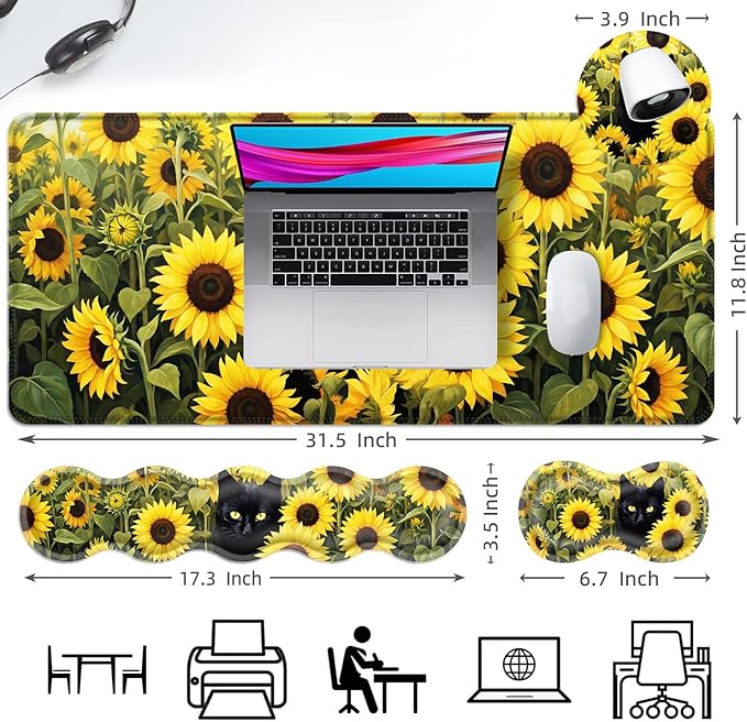 Ergonomic Mouse Pad Set with Wrist Support for Keyboard and Wrist Rest for Mouse, Memory Foam Comfort, Non-Slip Large Desk Mat for Home Office Pain Relief,Black Cat with Sunflowers