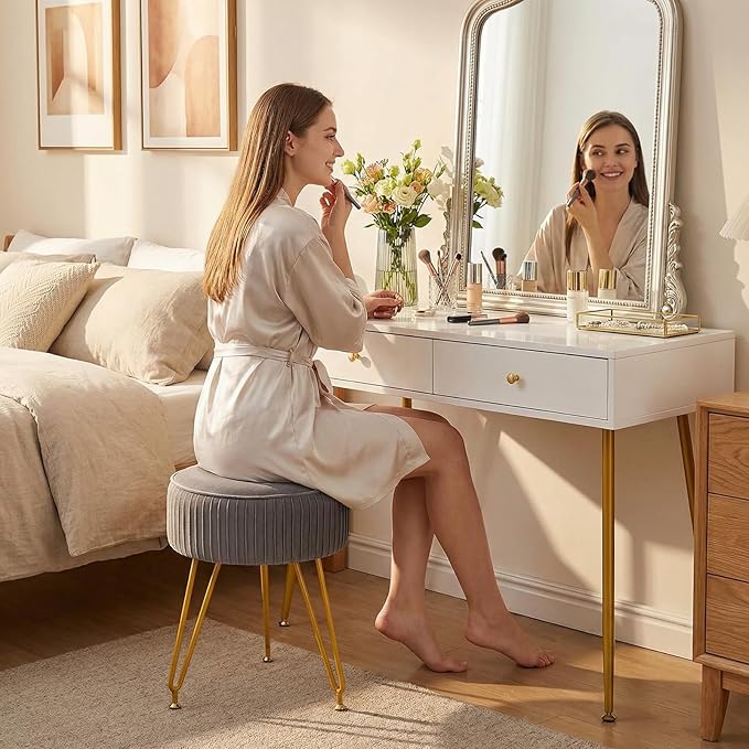 Velvet Vanity Stool Chair, Modern Ottoman Foot Rest Stool with Adjustable Golden Legs, Makeup Chair for Vanity, Multifunctional Makeup Stool for Vanity, Small Vanity Chair for Bedroom, Grey