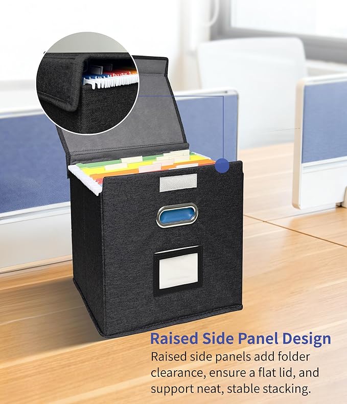 2 Pack Hanging File Folder Box with Lid, Durable Letter Size Filing Storage Box, Sturdy File Holder with Cardboard Support PVC Rails for Office Home Organizer, Black