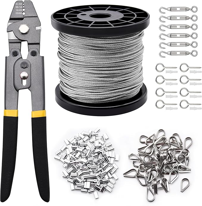 Wire Rope Set, 328ft 1/16" Wire Rope Cable with 200pcs Crimping Sleeves 50pcs Thimbles 6pcs M4 Hook & Eye Turnbuckle and 8pcs Eye Screws for Railing, Decking, Hanging