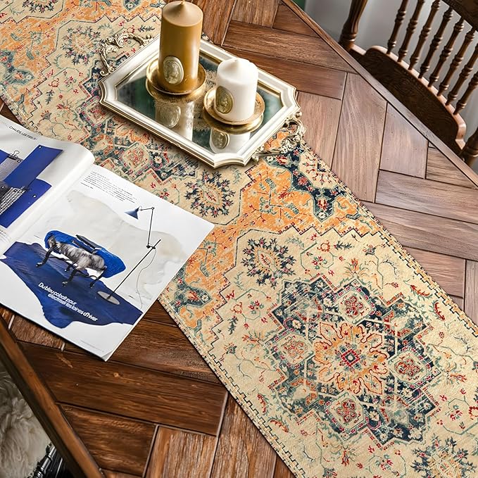 Boho Beige Table Runner,Vintage Elegant Farmhouse Table Center Linen Decor,Country Rustic Farmhouse Magical Fall Kitchen Dining Table Decoration for Home Dining Party Decor 13x108 Inch