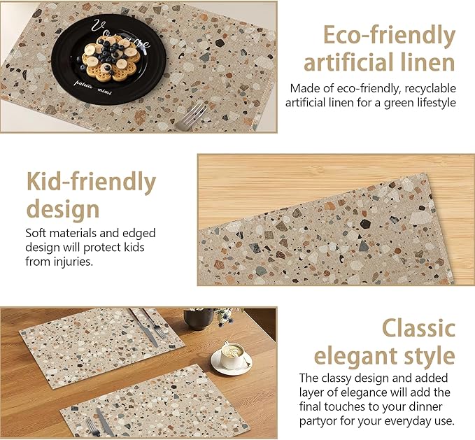 Terrazzo Granito Pattern Linen Placemats Set of 6, Decorative Table Mats 12x18 Inch, Washable Heat Resistant Placemats for Dining Table Kitchen Home Decor