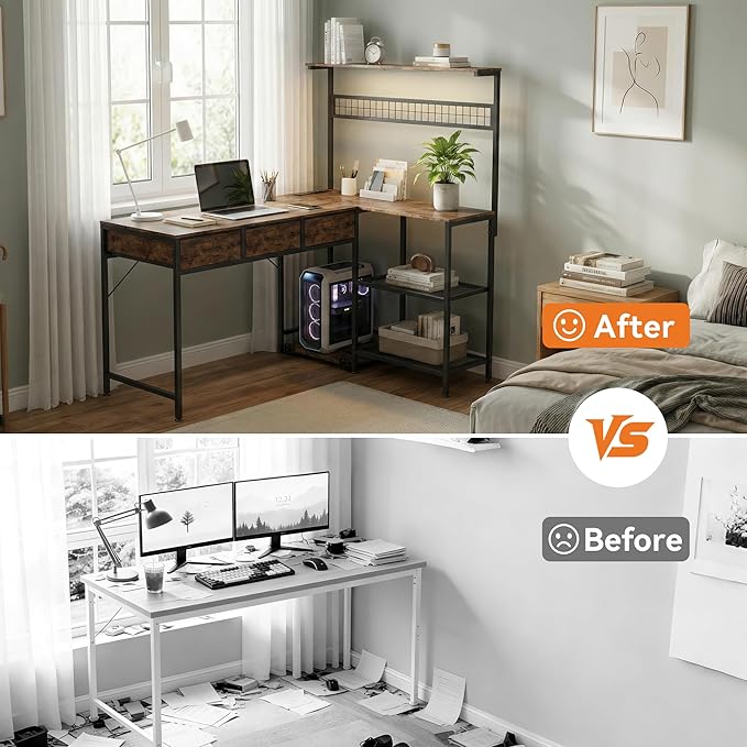 Garvee Computer Desk with 3 Fabric Drawers, 50.4 in l-Desk Display Shelves with Led Light & Power Outlet, PC Table Workstation for Home Office, Gaming Desk for Small Spaces, Rustic Brown