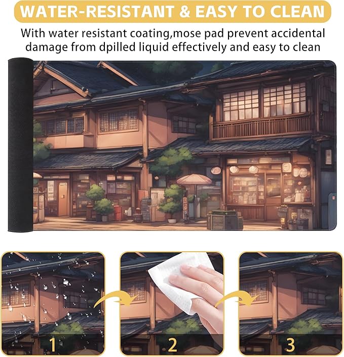 Anime Architecture Large Extended Gaming Mouse Pad Japanese Town XXL Mousepad Desk Pad for Keyboard and Mouse, Non-Slip Rubber Base Mousepad with Stitched Edges for Office Desk Decor, 31.5 x 15.8 in