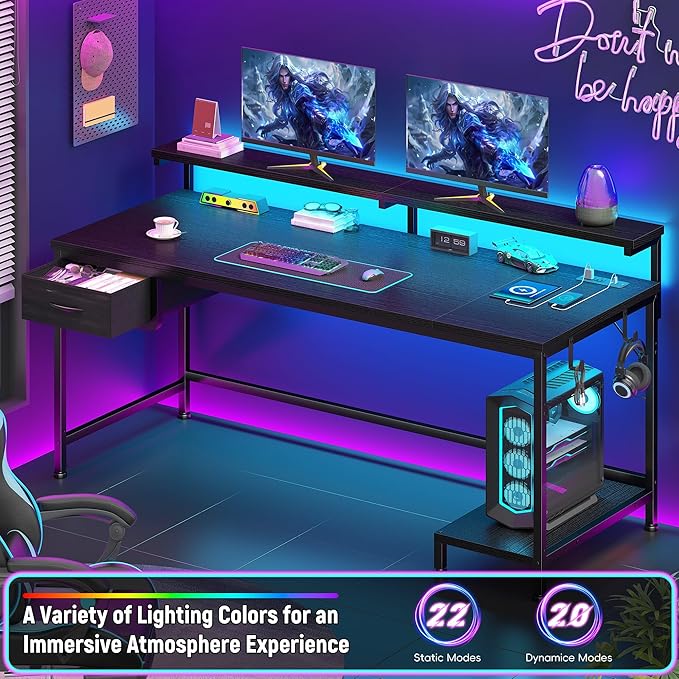 DurayLoly 47.2" Gaming Desk with Power Outlet and LED Lights,Computer Desk with Adjustable Monitor Stand and Drawer,Office Desk with CPU Stand for Home Work,Study and Gaming, Small Spaces,Black