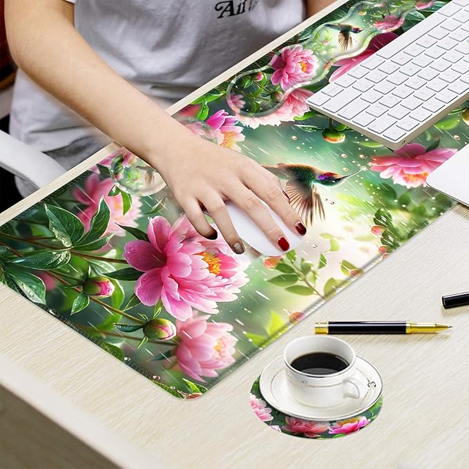 Ergonomic Mouse Pad Set with Wrist Support for Keyboard and Wrist Rest for Mouse, Memory Foam Comfort, Non-Slip Large Desk Mat for Home Office Pain Relief,Bird Pink Flower