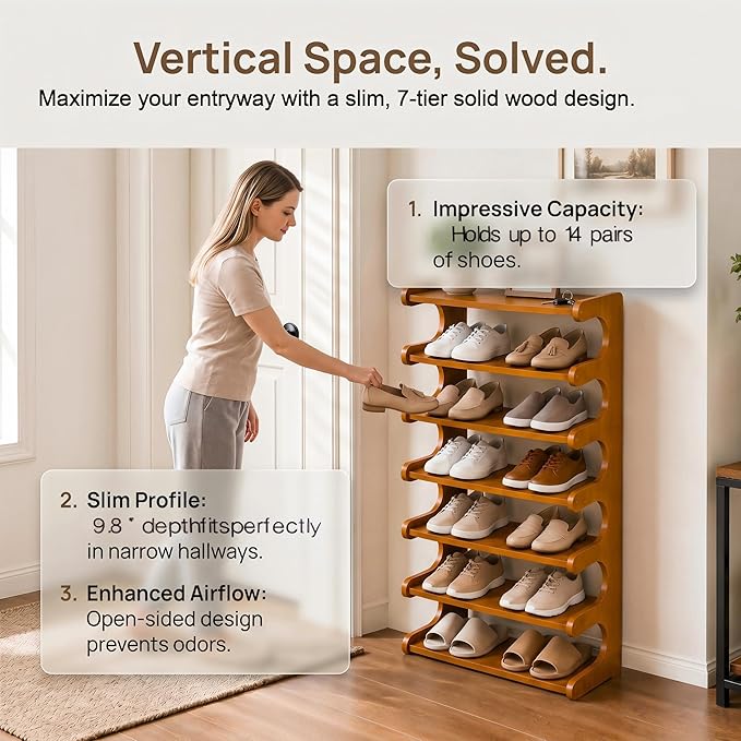 Narrow Shoe Rack for Entryway,Corner Shoe Rack— Wooden, Freestanding, Multi-Tier Shoe Storage Units Suitable for Entryways, Hallways, Bedrooms, Living Room Corners, and Compact Spaces (7 Tier/19.7"W)