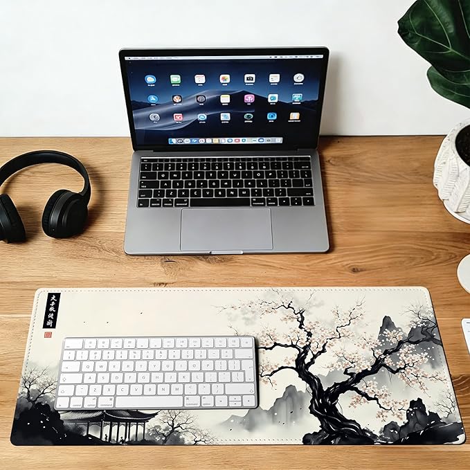 Japanese Cherry Blossom Mouse Pad,35.4 x 15.7 Inch Large Mouse Mat Non-Slip Rubber Stitched Edges for Writing Desk,Office,Home,Laptop