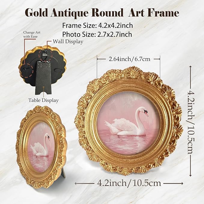 Pink Swan Round Picture Frame Wall Decor,Preppy Coquette Goose Gold Mini Ornate Photo Frame for TableTop Desk 2.7in Photo,Vintage Framed Artwork for Girly Room Walls Office Bedroom Shelf