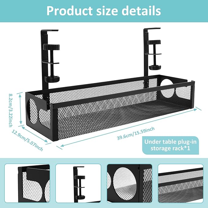 Under Desk Cable Tray, Easy to Install Cable Management Tray, No Drill Under Desk Wire Holder, Space Saving Cord Holder Shelf for Office Home Dormitory(Black)